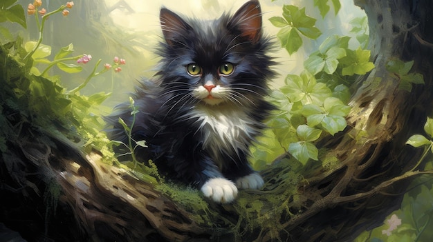 A painting of a black cat in a forest.