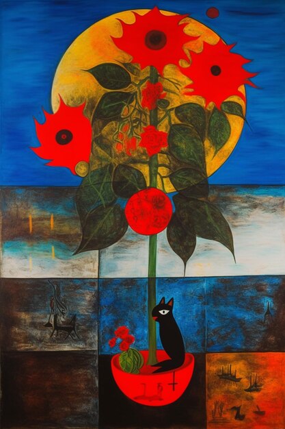 A painting of a black cat and a red flower with a black cat on it