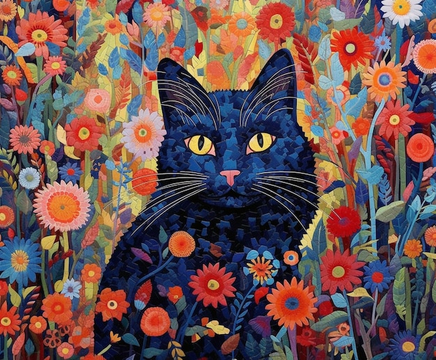 Painting of a black cat sitting in a field of flowers generative ai