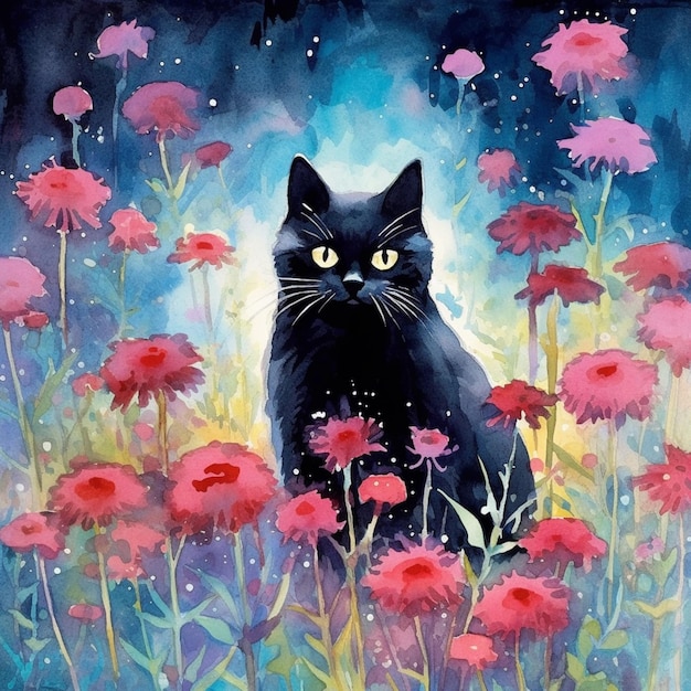 Painting of a black cat sitting in a field of red flowers generative ai