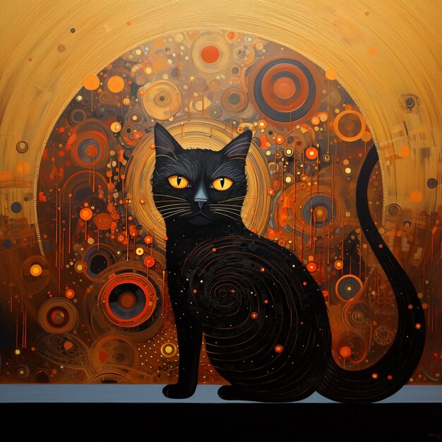 painting of a black cat sitting in front of a painting of circles generative ai