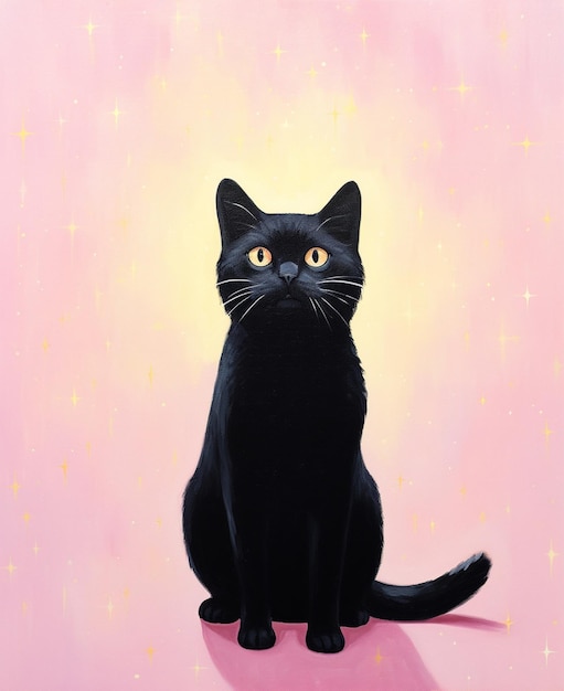 Painting of a black cat sitting on a pink surface generative ai