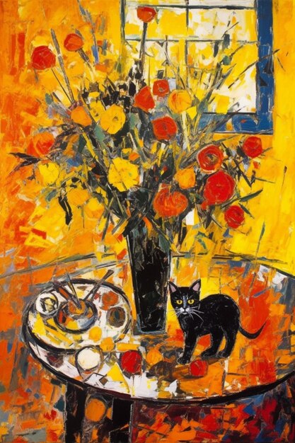 A painting of a black cat next to a vase of flowers