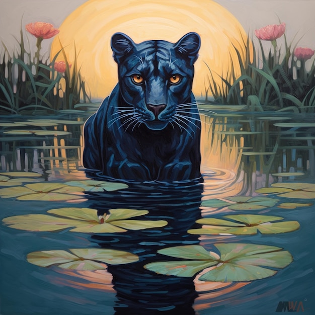 A painting of a black cat in water with lily pads