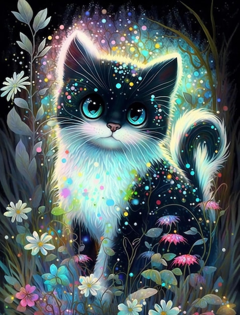 A painting of a black cat with blue eyes and a white tail is surrounded by flowers.