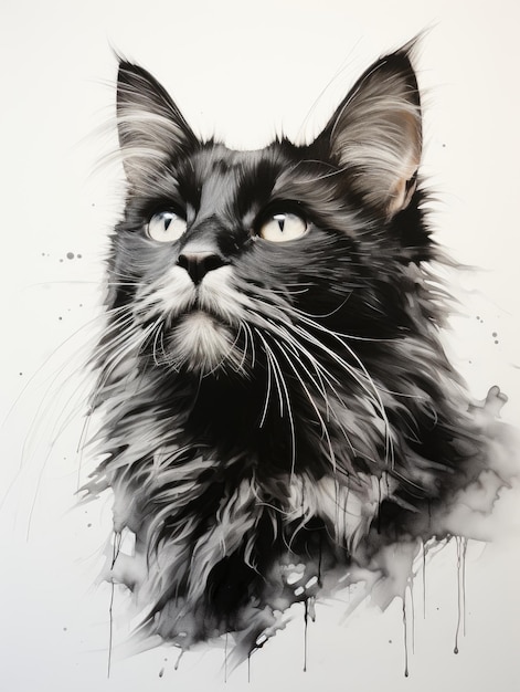 A painting of a black cat with blue eyes