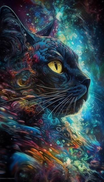 A painting of a black cat with a colorful background.