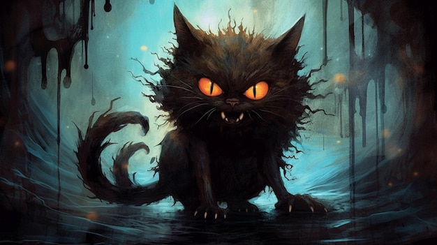 Painting of a black cat with glowing eyes sitting in a dark forest generative ai