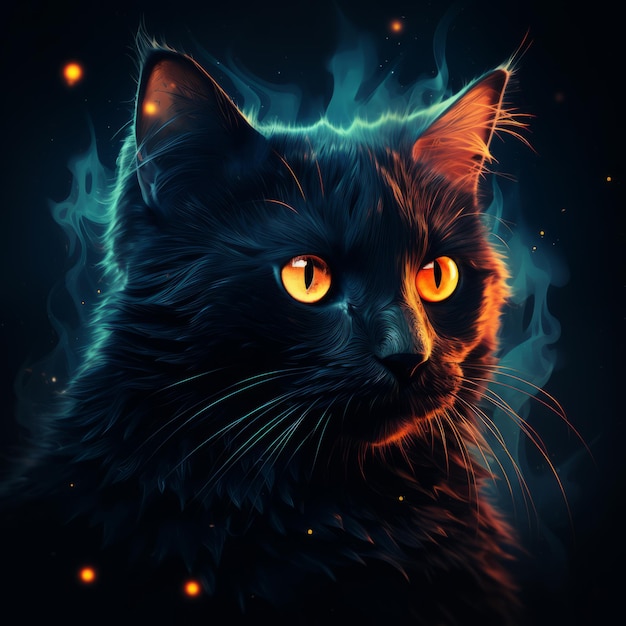 a painting of a black cat with glowing eyes