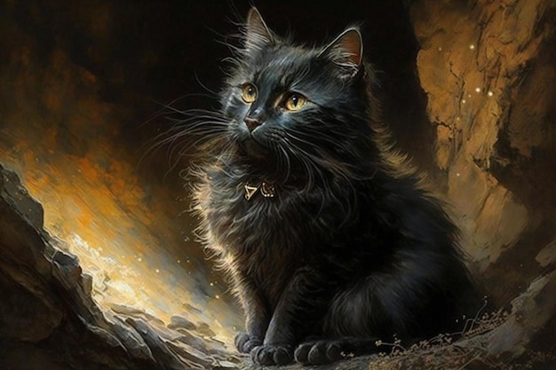 A painting of a black cat with a gold collar.