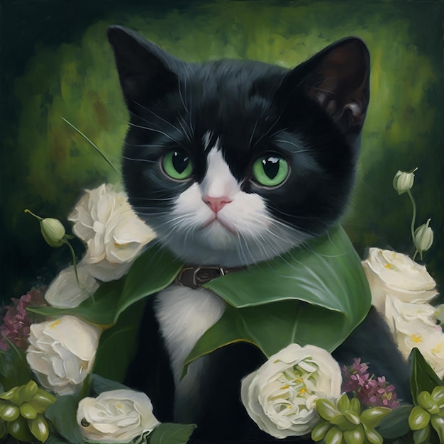 A painting of a black cat with green eyes and a collar with a green bow.