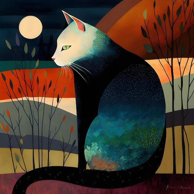 A painting of a black cat with a moon in the background.