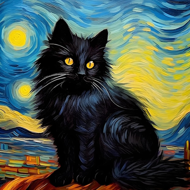 A painting of a black cat with yellow eyes is on a starry night sky.