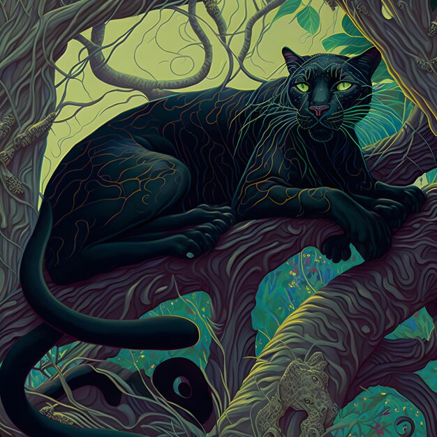 A painting of a black cat with yellow eyes sits in a tree.