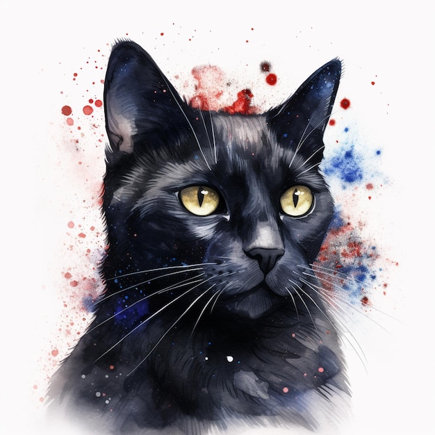 黄色い目と飛び散った背景を持つ黒猫の絵生成 AI