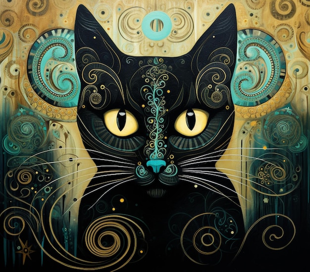 Painting of a black cat with yellow eyes and swirly patterns generative ai