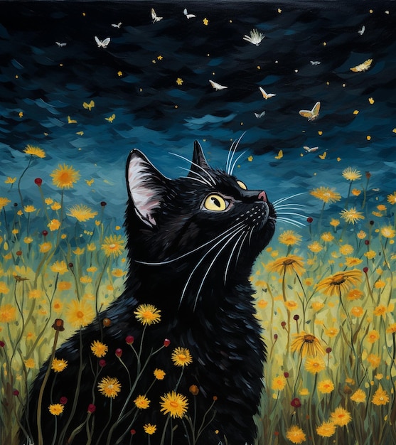 a painting of a black cat with yellow eyes and the words " cat "