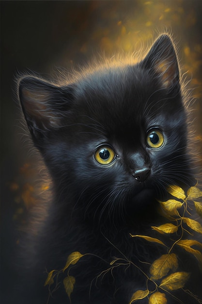 A painting of a black cat with yellow eyes.