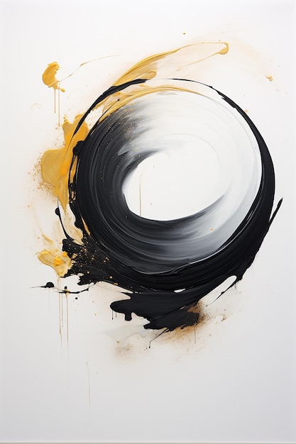 a painting of a black circle with yellow paint on it