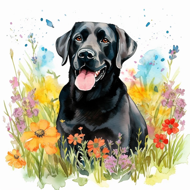 A painting of a black dog in a field of flowers