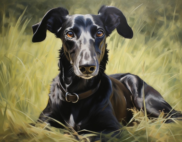 painting of a black dog laying in a field of grass generative ai