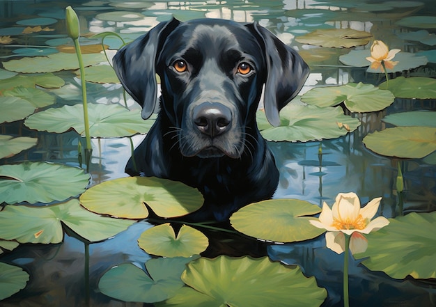 painting of a black dog sitting in a pond of water lillies generative ai