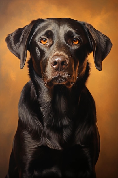 Painting of a black dog with orange eyes sitting in front of a brown background generative ai