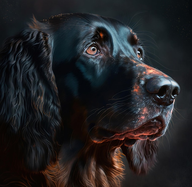 A painting of a black dog with a red spot on its face