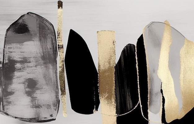 A painting of black and gold velvets with a silver and black bag.