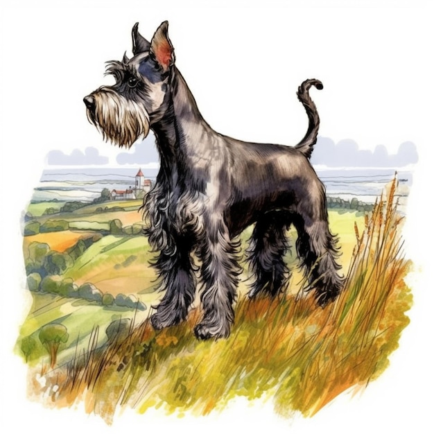 Painting of a black and gray dog standing in a field generative ai