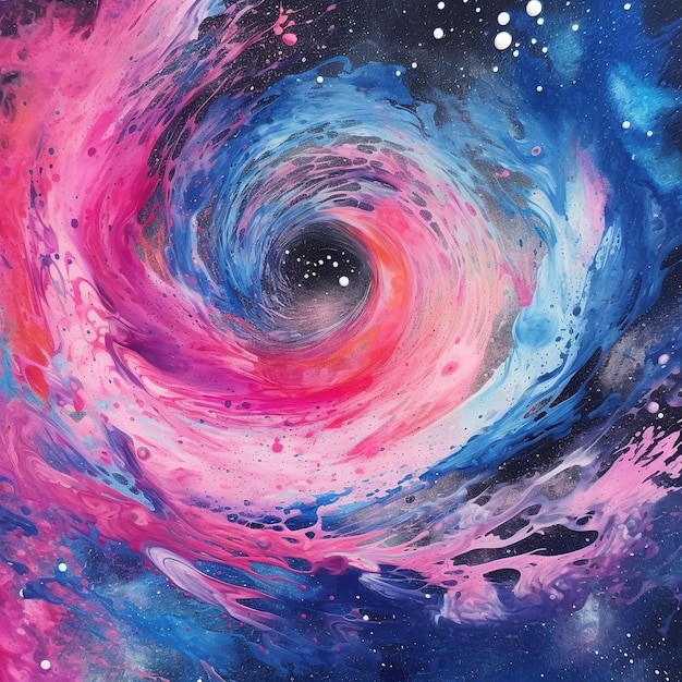 A painting of a black hole with a pink and blue swirl in the center.
