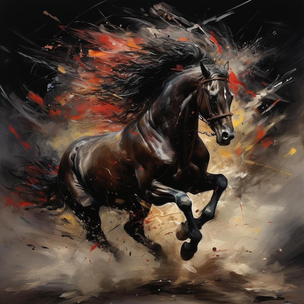 a painting of a black horse with a flame on its head.