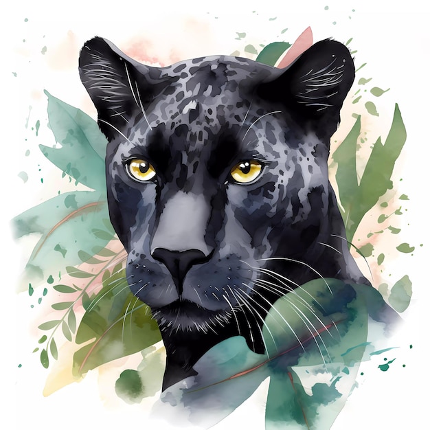 A painting of a black jaguar with yellow eyes.