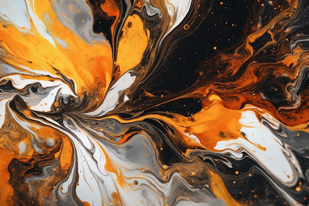 A painting of a black and orange swirl with a white background.