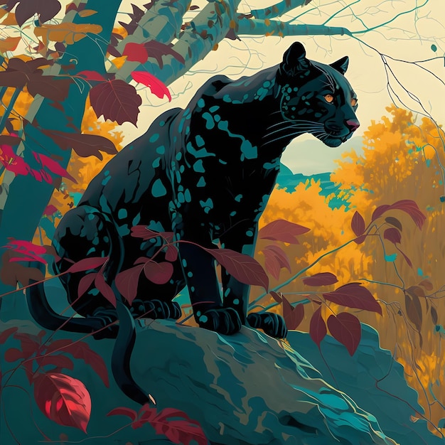 A painting of a black panther sitting on a rock.