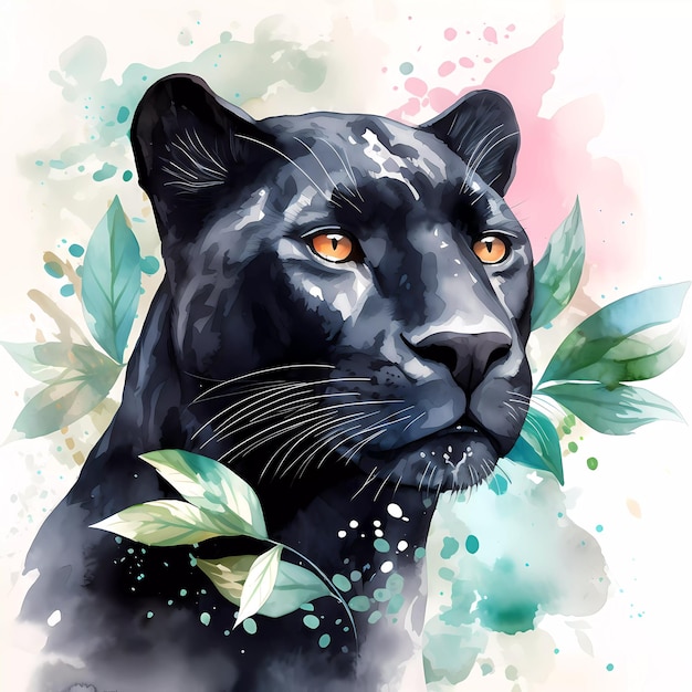 A painting of a black panther with green leaves and blue spots.