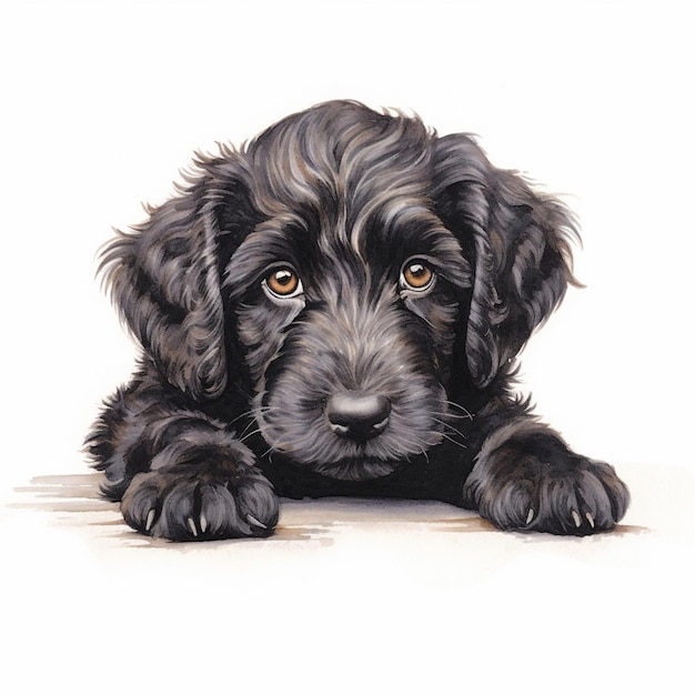 painting of a black puppy laying down on the floor generative ai