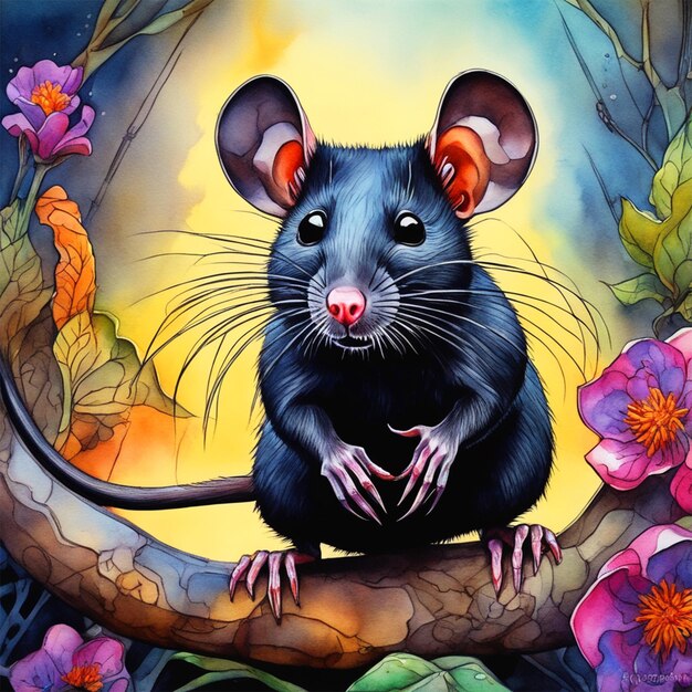 Painting Of A Black Rat In The Style Of Pop Surrealism Strong Use Of Paint Brush Lot Of Different