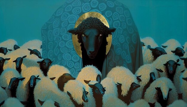 Painting of a black sheep with a golden halo surrounded by white sheep generative ai