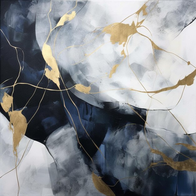 Photo painting of a black and white and gold abstract painting with gold accents generative ai