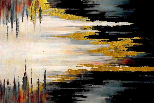 A painting of a black and white painting with gold and white paint.