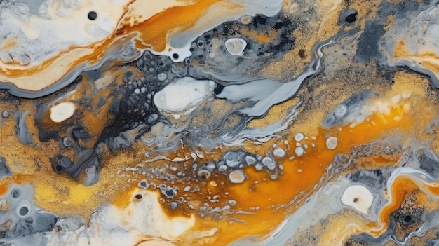 A painting of a black and white swirl with orange and black paint.