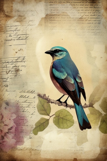 A painting of a blue bird on a branch.