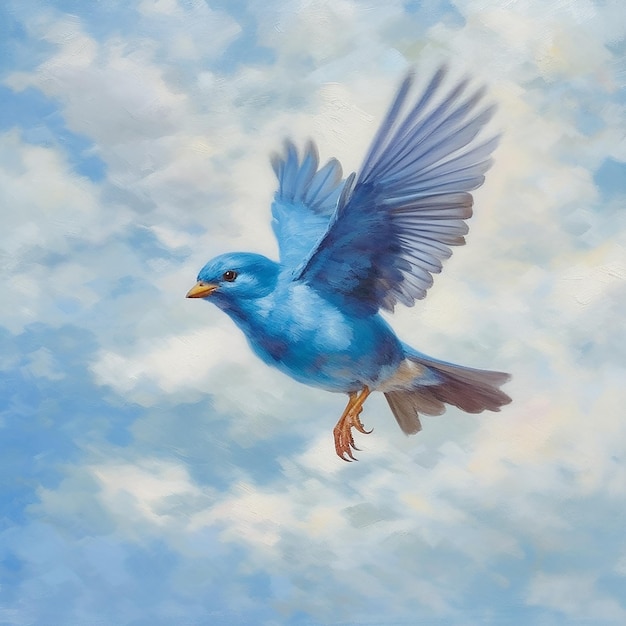 A painting of a blue bird flying in the sky with clouds in the background.