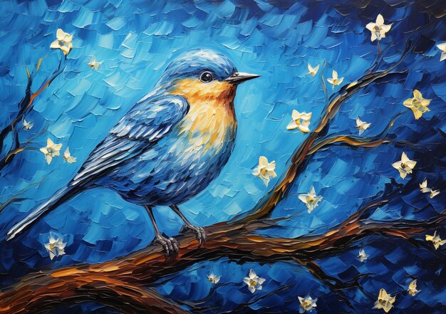 Painting of a blue bird sitting on a branch with white flowers generative ai