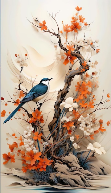 Painting of blue bird on the tree with white and orange Flower