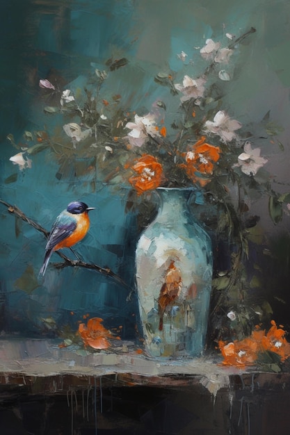 A painting of a blue bird and a vase of flowers.