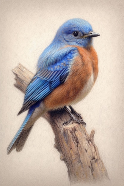 a painting of a blue bird with a blue and orange feathers.