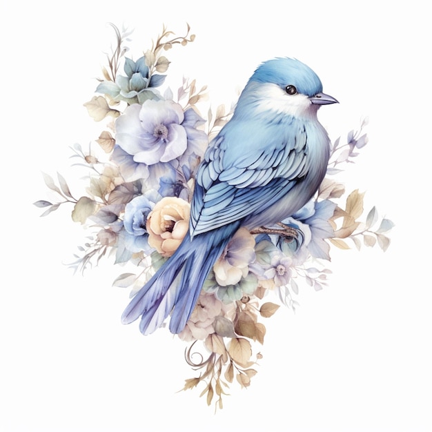 A painting of a blue bird with a flower arrangement on it