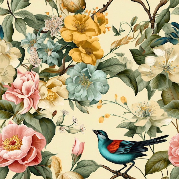 a painting of a blue bird with flowers and birds.